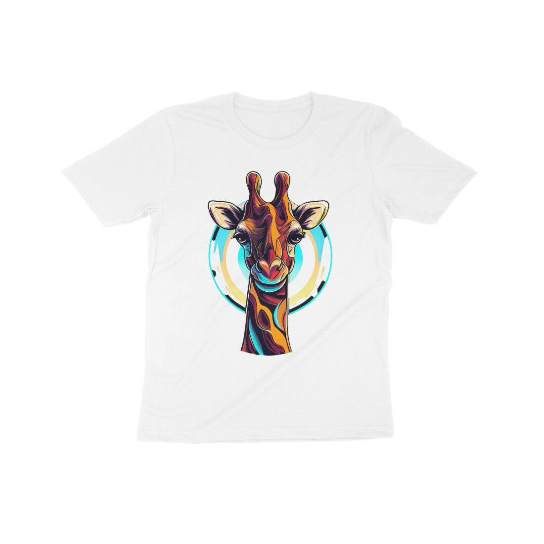 Playful Giraffe Adventure: Kid's Round Neck T-Shirt - Vibrant Design