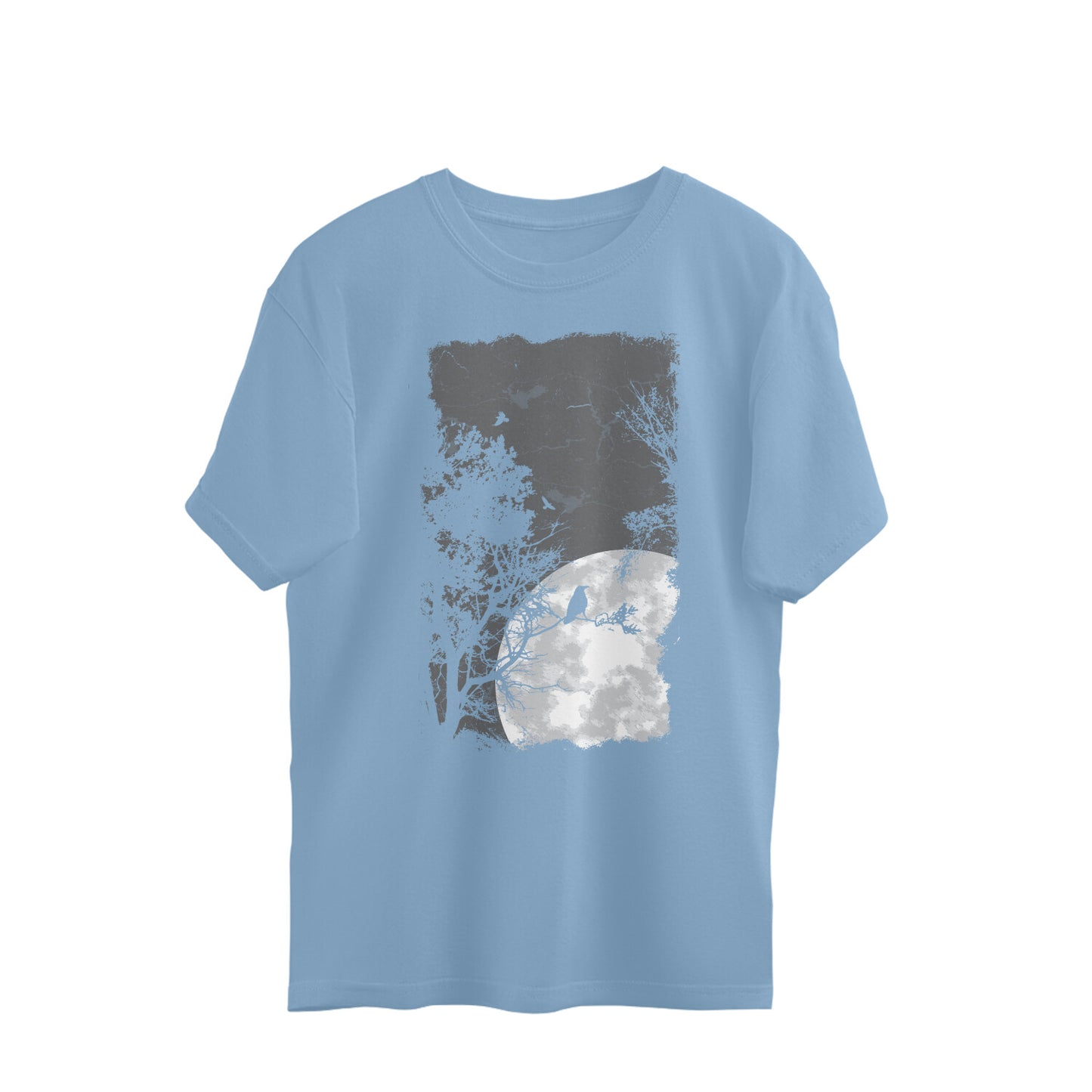 Mystical Night: Oversized Round Neck T-Shirt with Lone Crow Design