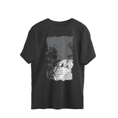 Mystical Night: Oversized Round Neck T-Shirt with Lone Crow Design