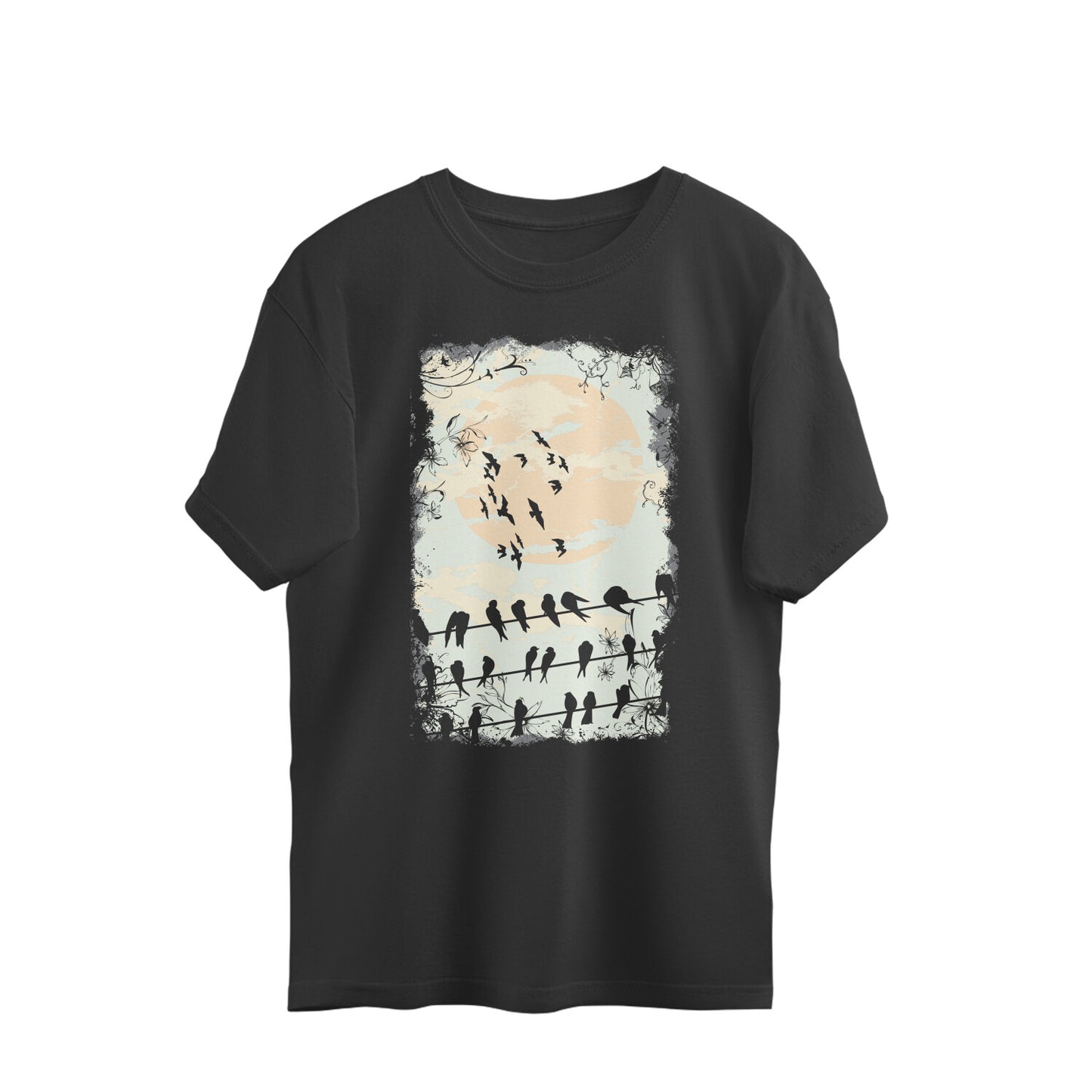 Birds on Electric Lines: Oversized Round Neck T-Shirt for Nature Lovers