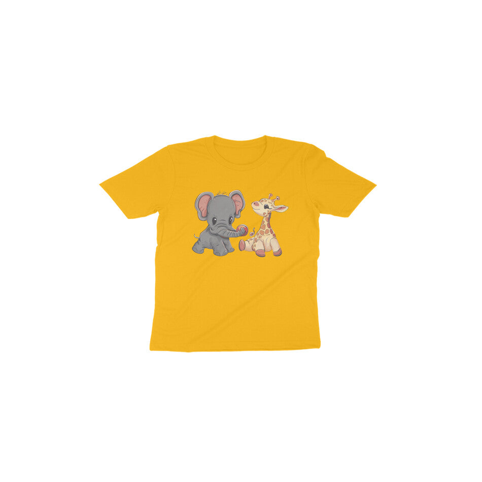 Adorable Playmates: Toddler's Round Neck T-Shirt with Baby Giraffe and Elephant Design