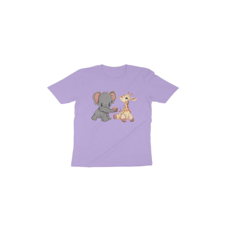 Adorable Playmates: Toddler's Round Neck T-Shirt with Baby Giraffe and Elephant Design