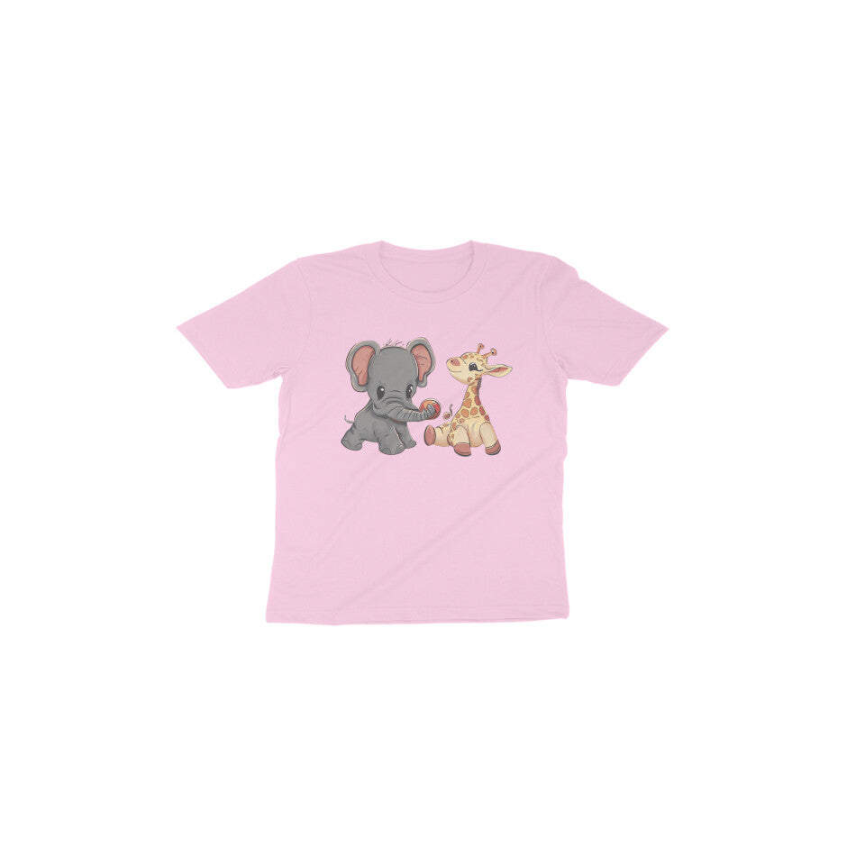 Adorable Playmates: Toddler's Round Neck T-Shirt with Baby Giraffe and Elephant Design