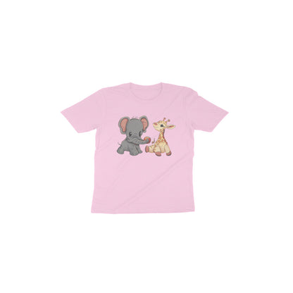 Adorable Playmates: Toddler's Round Neck T-Shirt with Baby Giraffe and Elephant Design