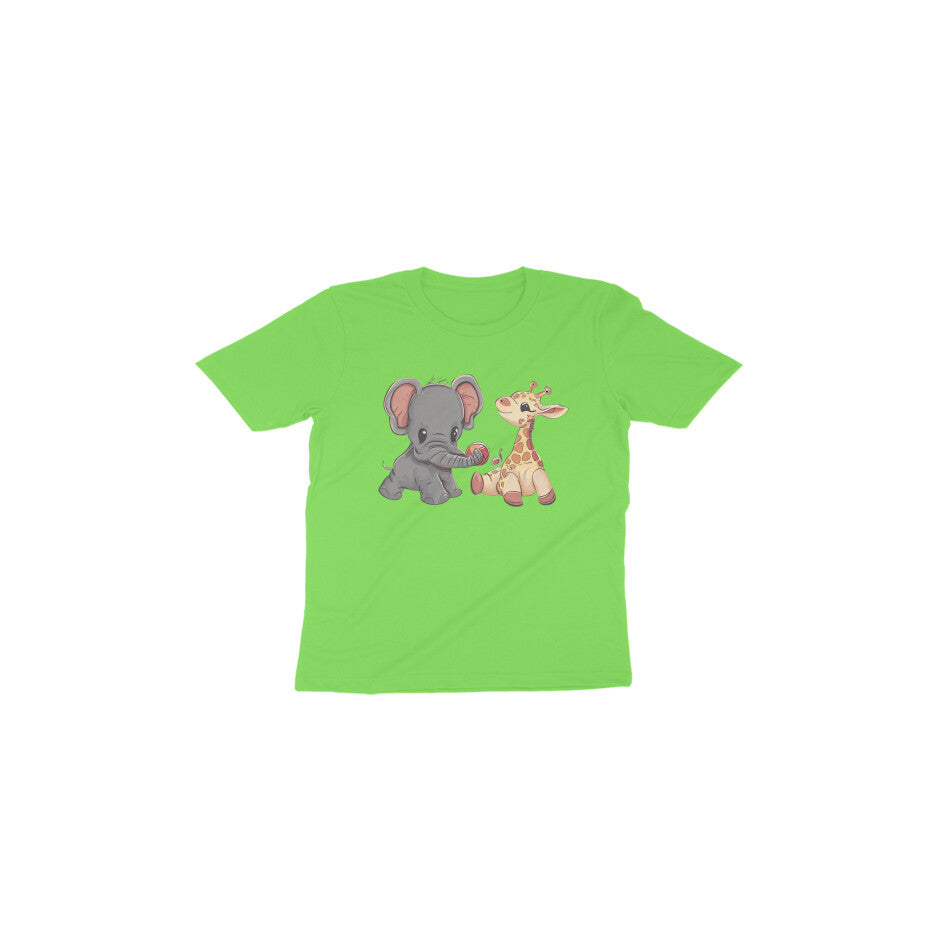 Adorable Playmates: Toddler's Round Neck T-Shirt with Baby Giraffe and Elephant Design