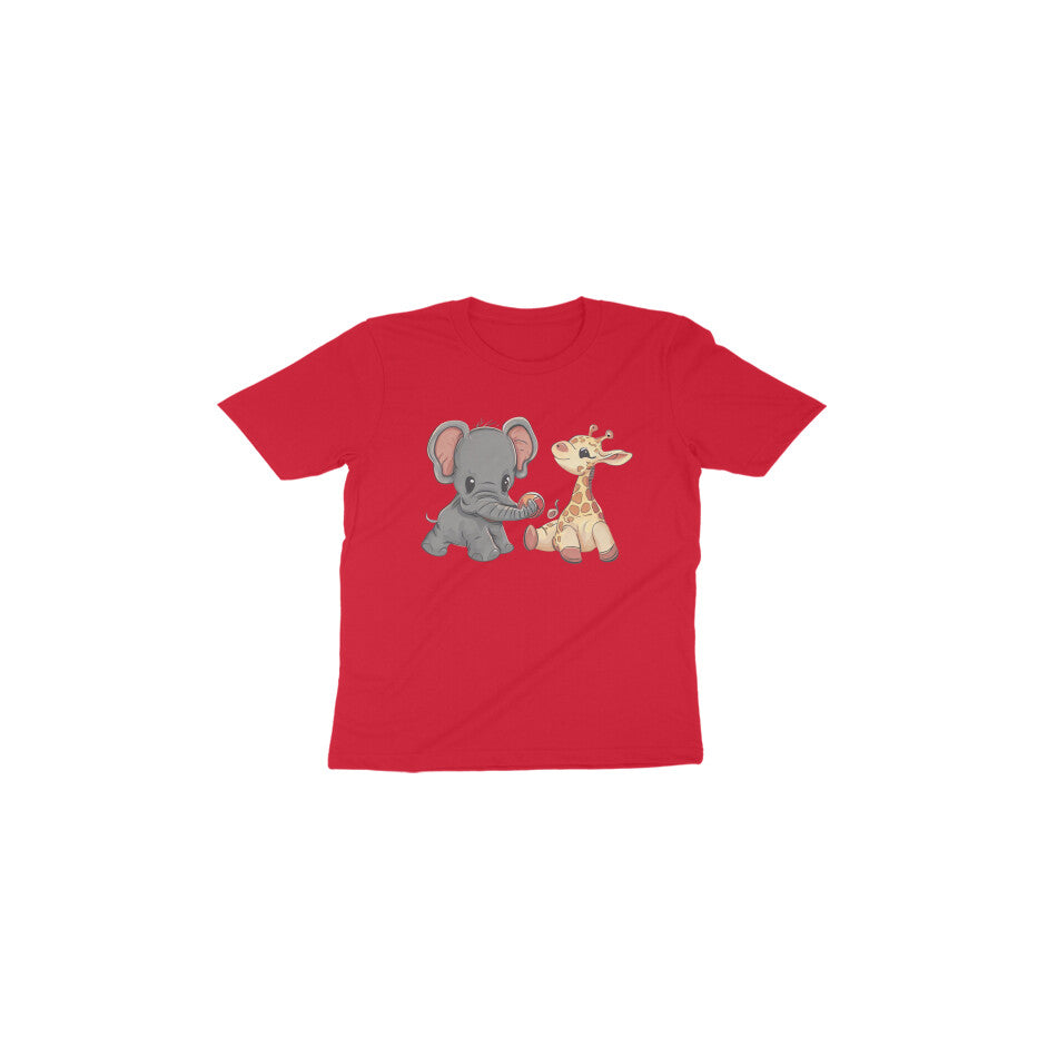 Adorable Playmates: Toddler's Round Neck T-Shirt with Baby Giraffe and Elephant Design