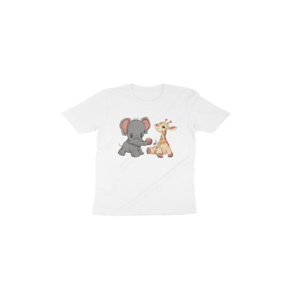 Adorable Playmates: Toddler's Round Neck T-Shirt with Baby Giraffe and Elephant Design