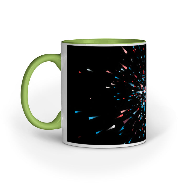 Dynamic Black Abstract Mugs: Multi-Colored Light Burst Design