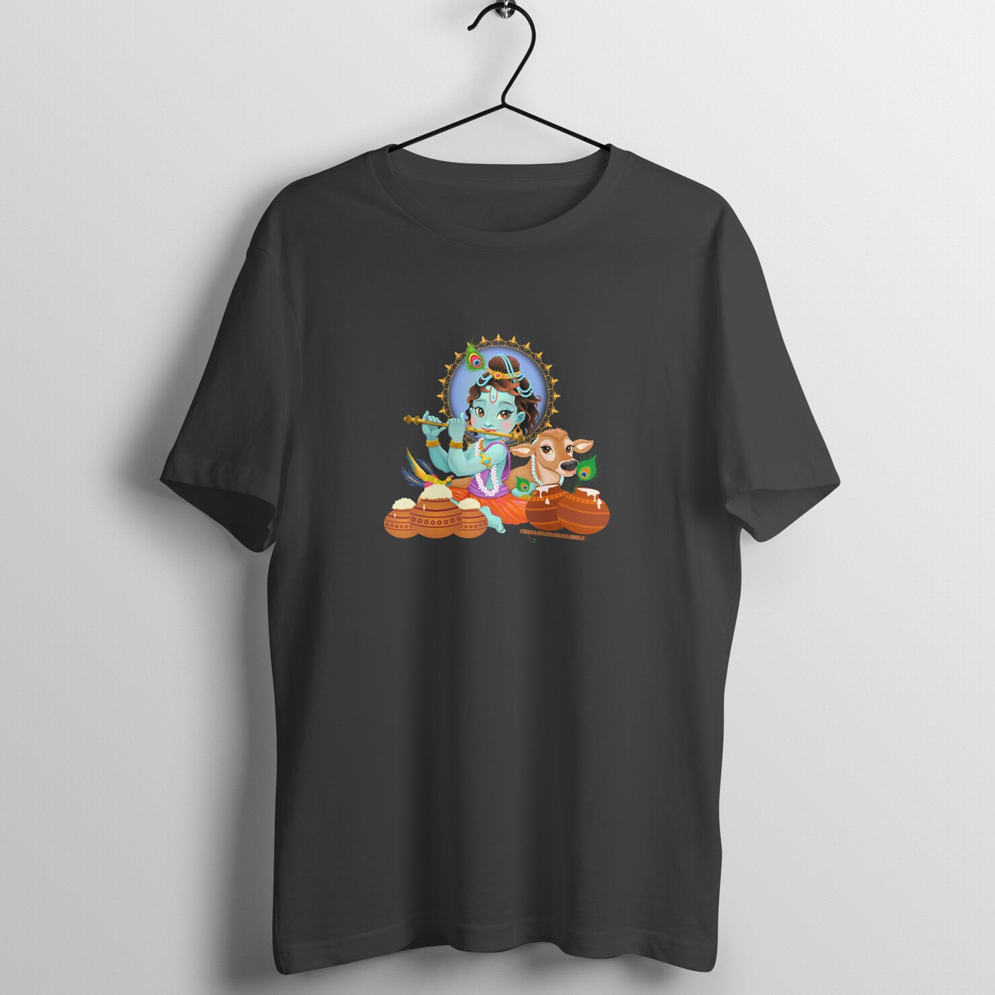 Janmashtami Special: Men's Round Neck T-Shirt with Baby Shri Krishna Playing Flute Design