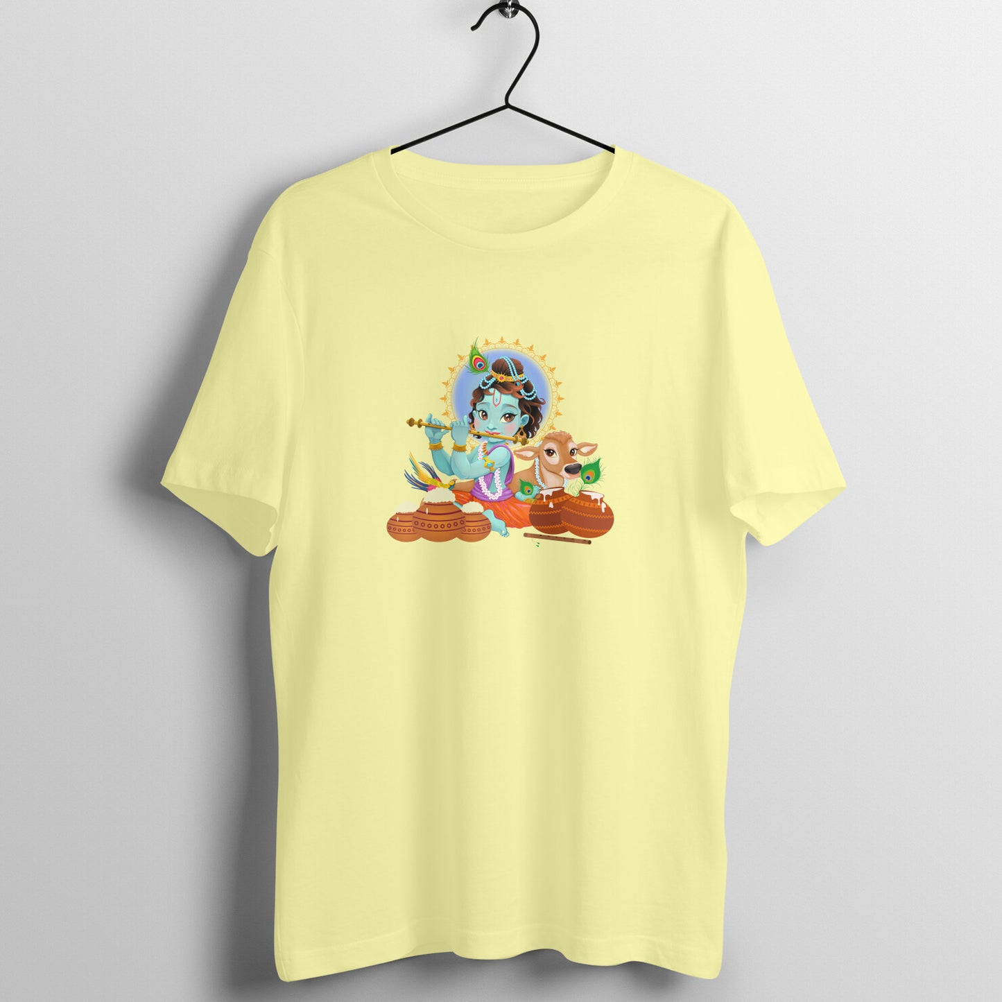 Janmashtami Special: Men's Round Neck T-Shirt with Baby Shri Krishna Playing Flute Design