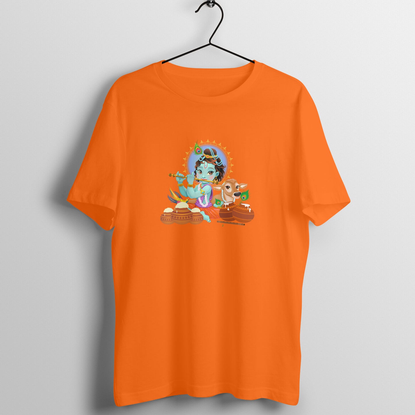 Janmashtami Special: Men's Round Neck T-Shirt with Baby Shri Krishna Playing Flute Design