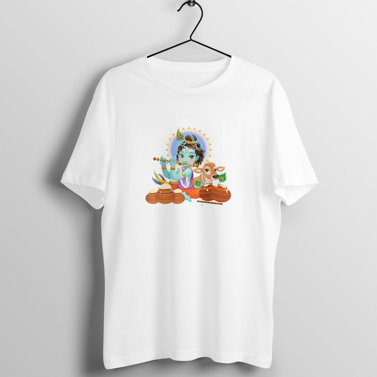 Janmashtami Special: Men's Round Neck T-Shirt with Baby Shri Krishna Playing Flute Design