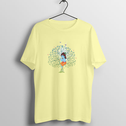 Divine Janmashtami Collection: Men's Round Neck T-Shirt with Baby Shri Krishna Sitting on a Tree Design