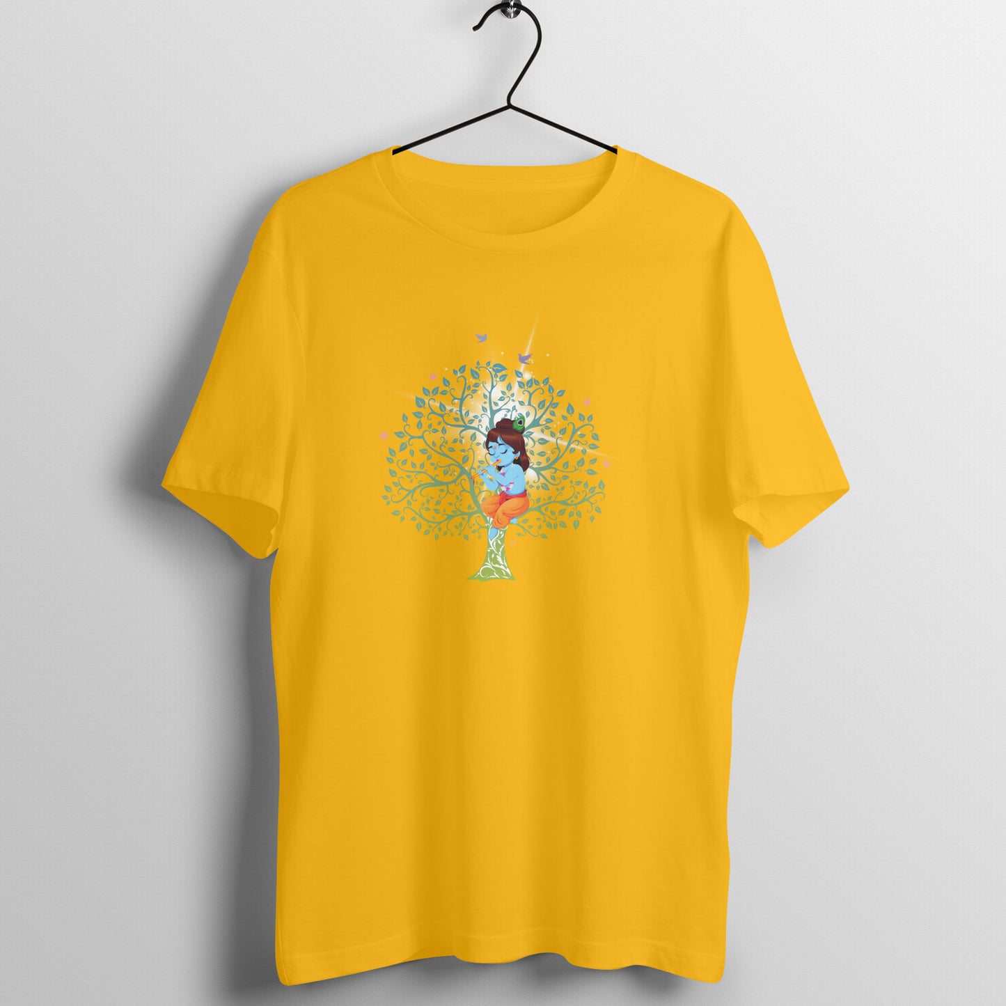 Divine Janmashtami Collection: Men's Round Neck T-Shirt with Baby Shri Krishna Sitting on a Tree Design