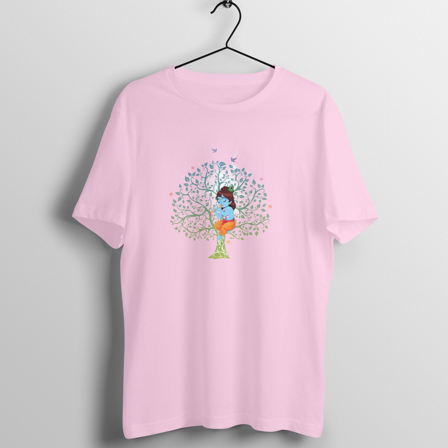 Divine Janmashtami Collection: Men's Round Neck T-Shirt with Baby Shri Krishna Sitting on a Tree Design