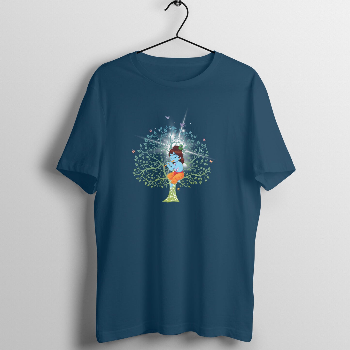 Divine Janmashtami Collection: Men's Round Neck T-Shirt with Baby Shri Krishna Sitting on a Tree Design