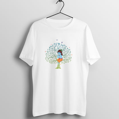 Divine Janmashtami Collection: Men's Round Neck T-Shirt with Baby Shri Krishna Sitting on a Tree Design