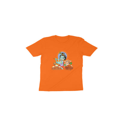 Janmashtami Collection: Toddler's Round Neck T-Shirt with Baby Shri Krishna Playing Flute Design