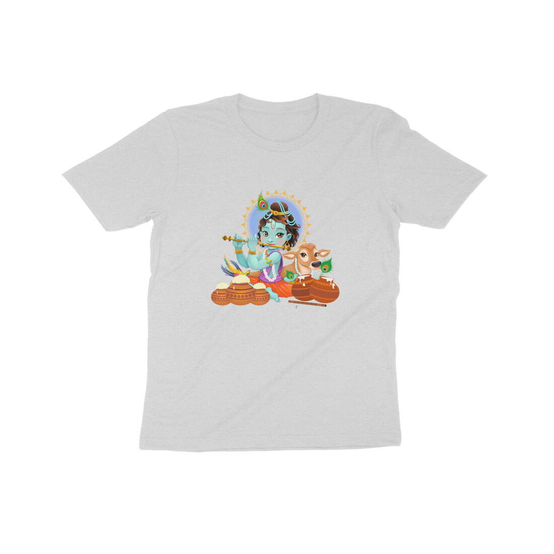 Janmashtami Collection: Kid's Round Neck T-Shirt with Baby Shri Krishna Playing Flute Design