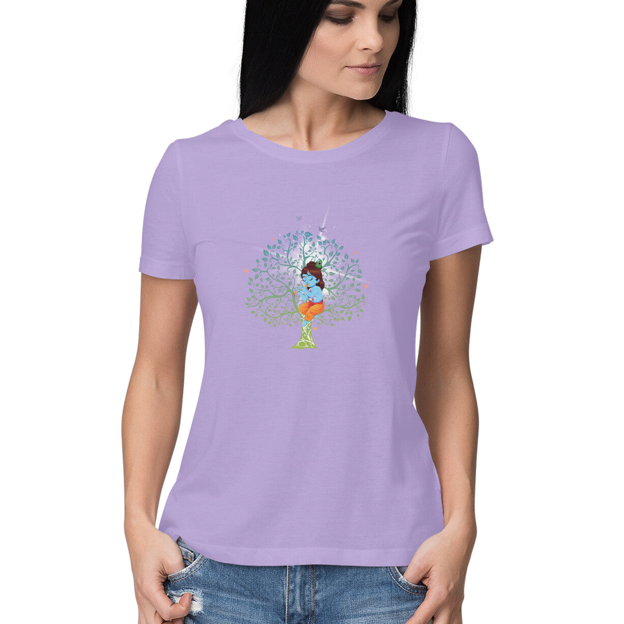 Janmashtami Special: Women's Round Neck T-Shirt Featuring Baby Shri Krishna Sitting on a Tree