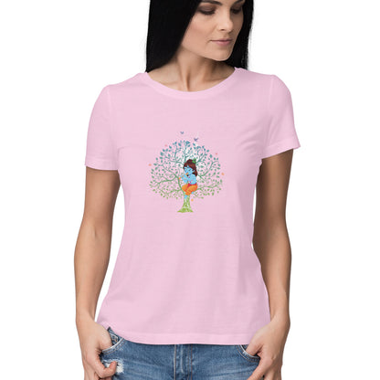 Janmashtami Special: Women's Round Neck T-Shirt Featuring Baby Shri Krishna Sitting on a Tree