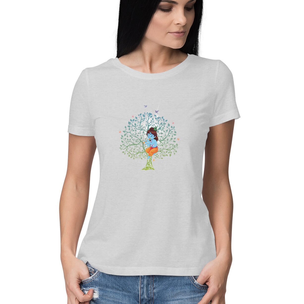 Janmashtami Special: Women's Round Neck T-Shirt Featuring Baby Shri Krishna Sitting on a Tree