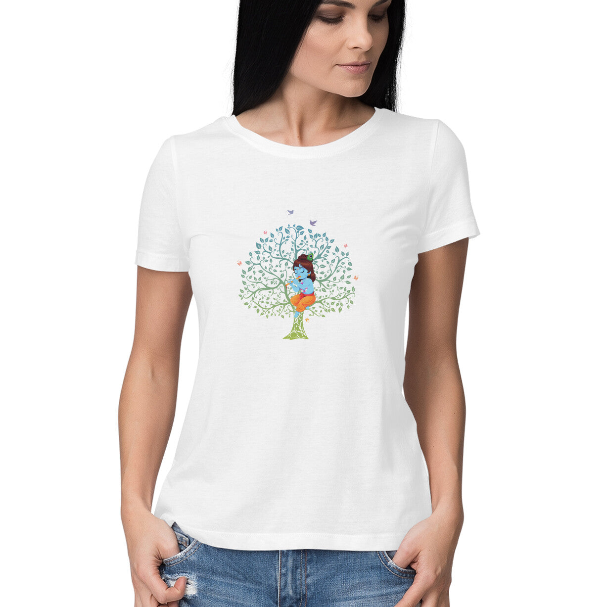 Janmashtami Special: Women's Round Neck T-Shirt Featuring Baby Shri Krishna Sitting on a Tree