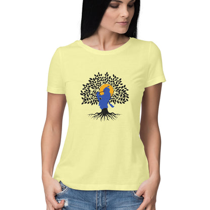 Janmashtami Collection: Women's Round Neck T-Shirt with Shri Krishna Tree of Life Design