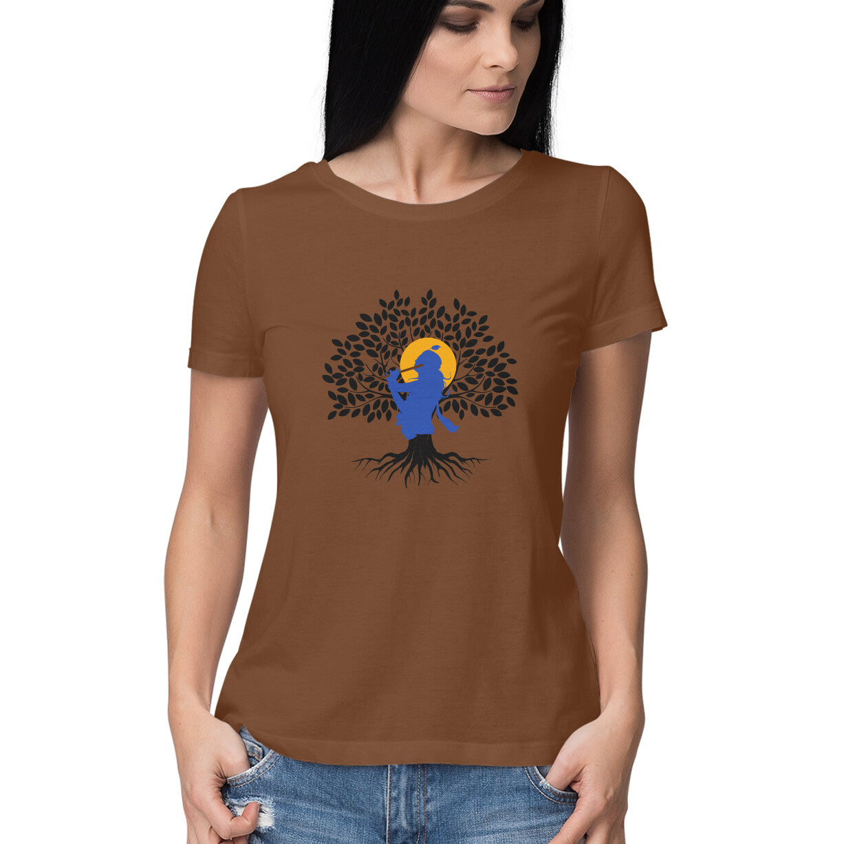 Janmashtami Collection: Women's Round Neck T-Shirt with Shri Krishna Tree of Life Design