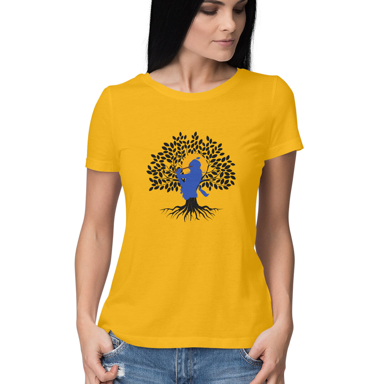 Janmashtami Collection: Women's Round Neck T-Shirt with Shri Krishna Tree of Life Design