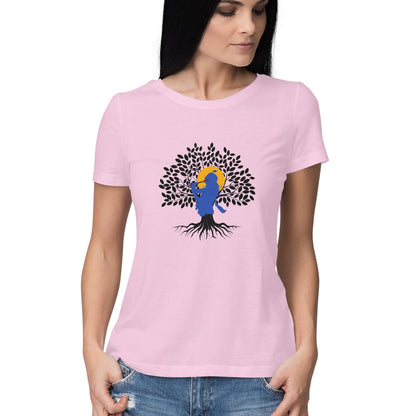 Janmashtami Collection: Women's Round Neck T-Shirt with Shri Krishna Tree of Life Design