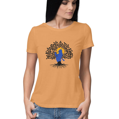 Janmashtami Collection: Women's Round Neck T-Shirt with Shri Krishna Tree of Life Design