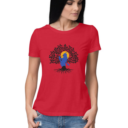 Janmashtami Collection: Women's Round Neck T-Shirt with Shri Krishna Tree of Life Design