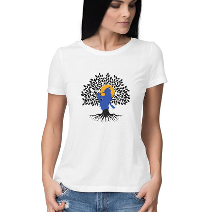 Janmashtami Collection: Women's Round Neck T-Shirt with Shri Krishna Tree of Life Design