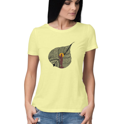 Janmashtami Collection: Women's Round Neck T-Shirt with Shri Krishna on a Leaf Design