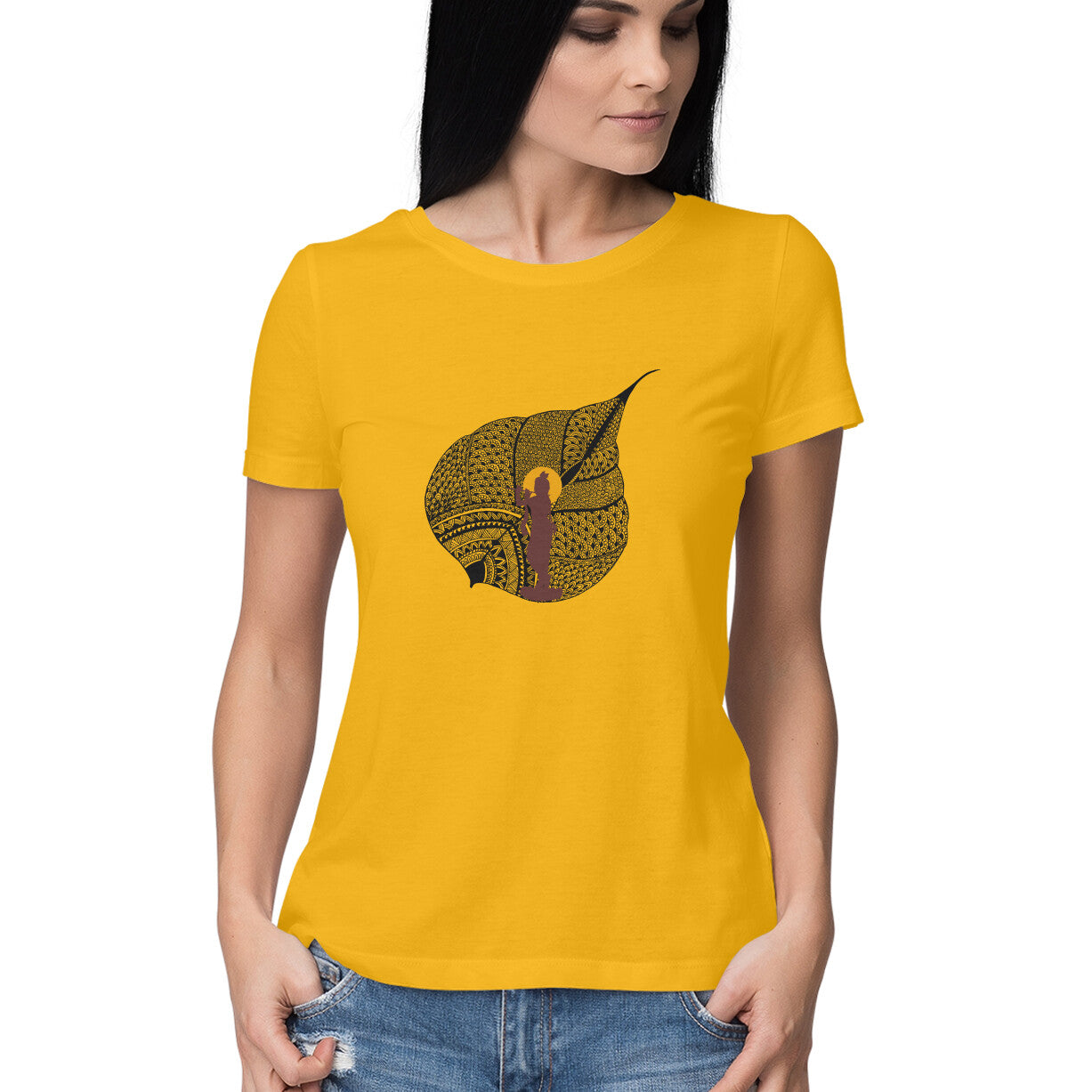 Janmashtami Collection: Women's Round Neck T-Shirt with Shri Krishna on a Leaf Design