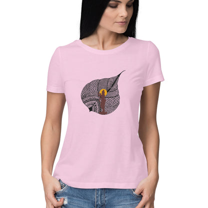 Janmashtami Collection: Women's Round Neck T-Shirt with Shri Krishna on a Leaf Design