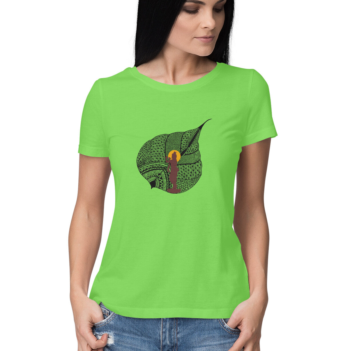 Janmashtami Collection: Women's Round Neck T-Shirt with Shri Krishna on a Leaf Design