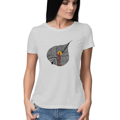 Janmashtami Collection: Women's Round Neck T-Shirt with Shri Krishna on a Leaf Design