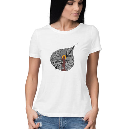 Janmashtami Collection: Women's Round Neck T-Shirt with Shri Krishna on a Leaf Design