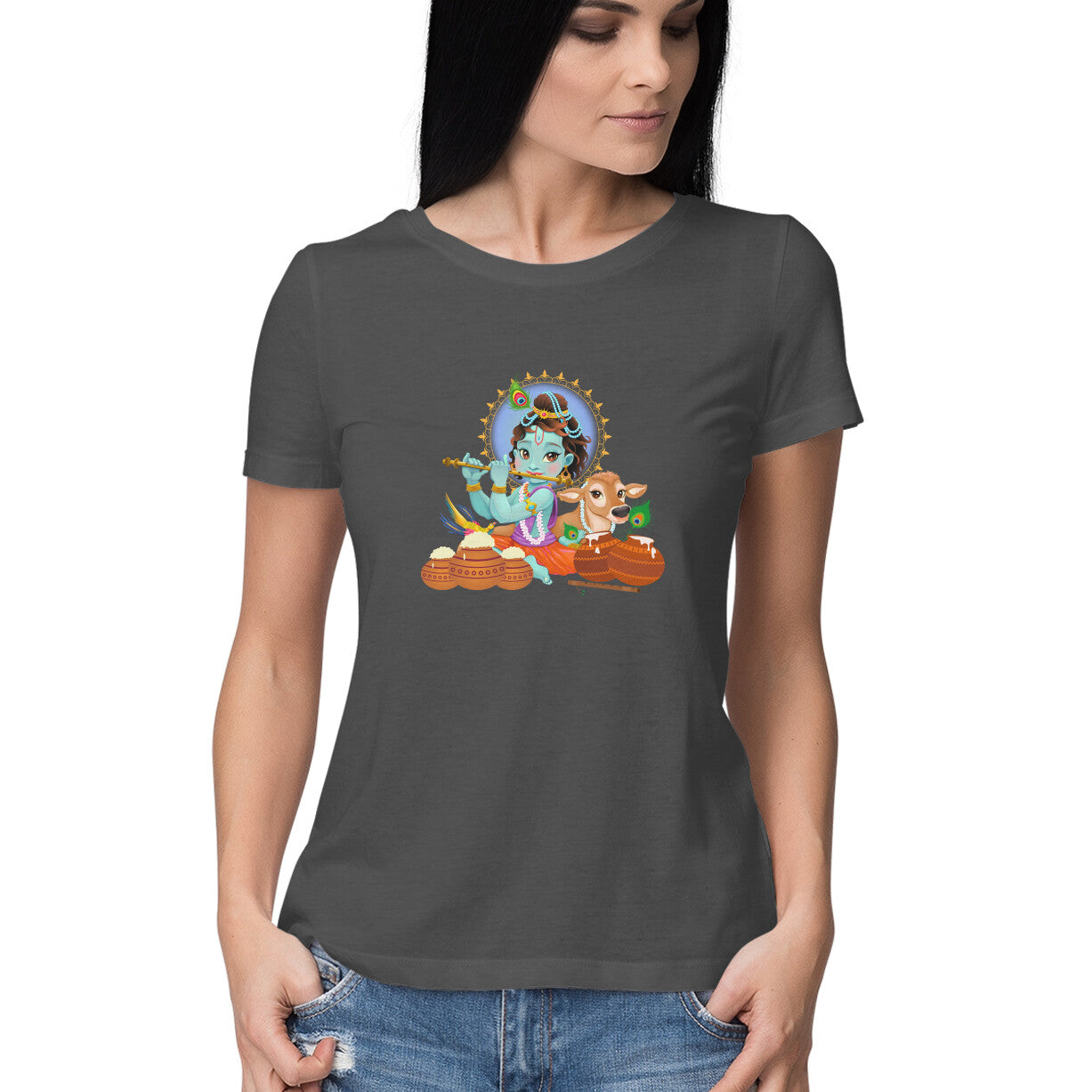 Janmashtami Collection: Women's Round Neck T-Shirt with Baby Shri Krishna Playing Flute Design