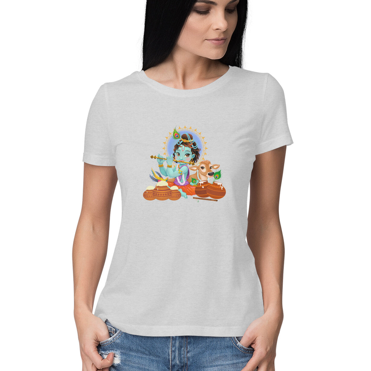 Janmashtami Collection: Women's Round Neck T-Shirt with Baby Shri Krishna Playing Flute Design