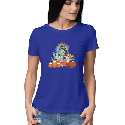 Janmashtami Collection: Women's Round Neck T-Shirt with Baby Shri Krishna Playing Flute Design