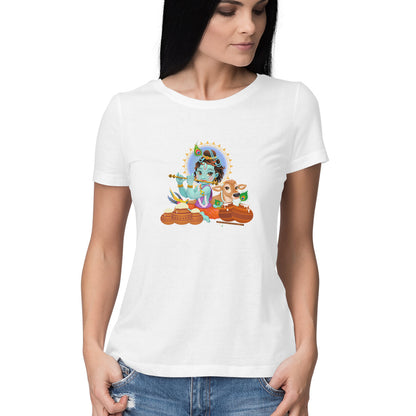 Janmashtami Collection: Women's Round Neck T-Shirt with Baby Shri Krishna Playing Flute Design