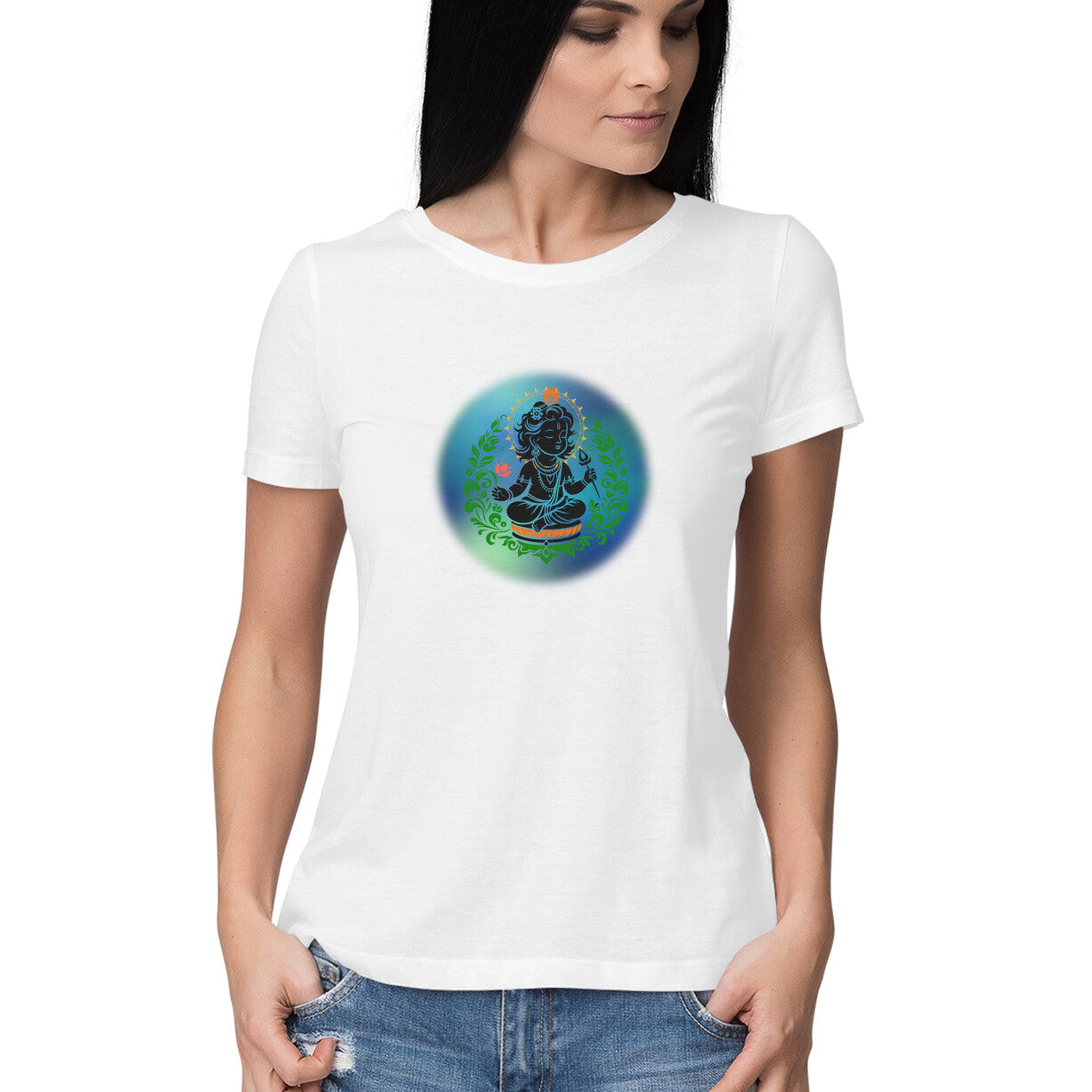 Janmashtami Collection: Women's Round Neck T-Shirt with Adorable Baby Shri Krishna Design